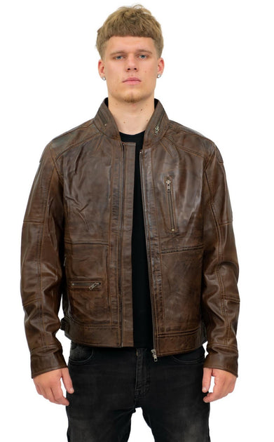Infinity Sydney Mens Biker Leather Jacket Brown 5XL 4