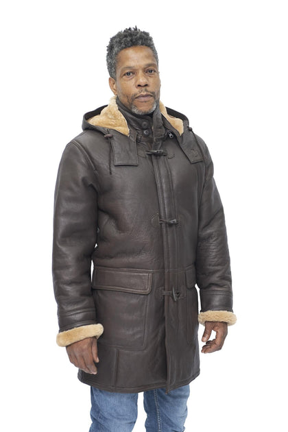 Infinity Mens Sheepskin Leather Hooded Duffle Coat Brown 4XL 4