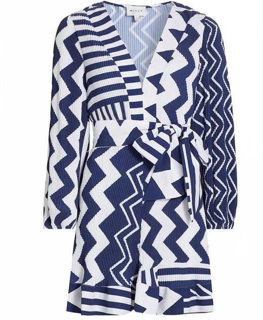 milly liv long sleeve v neck pleated belted mini dress Women's Patchwork Chevron In Navy Multi Multicolor Stripe Plus Size 18.08.2023 allover pleating Size:M-8