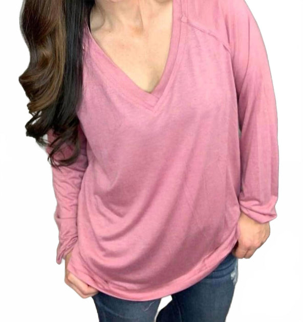 Shirley Stone Solid V-Neck Top Pink Small 2