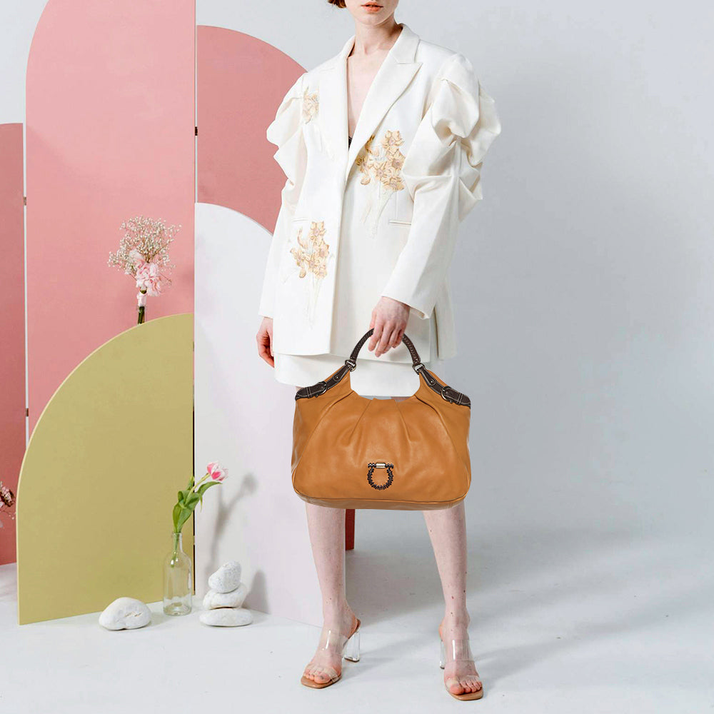 Salvatore Ferragamo Gancini Tan Leather Hobo | ShopSimon