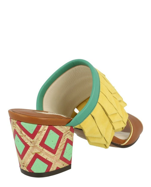 Ferragamo Axis Leather Feather Trim Mules Brown US 7 4