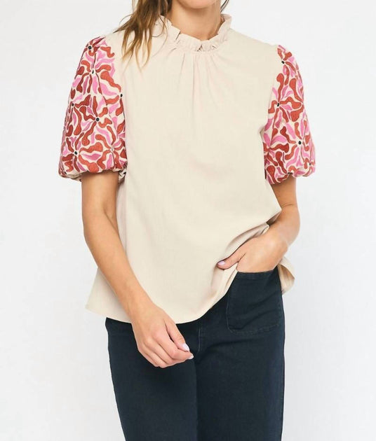 entro Embroidered Puff Sleeve Top Beige Medium 2