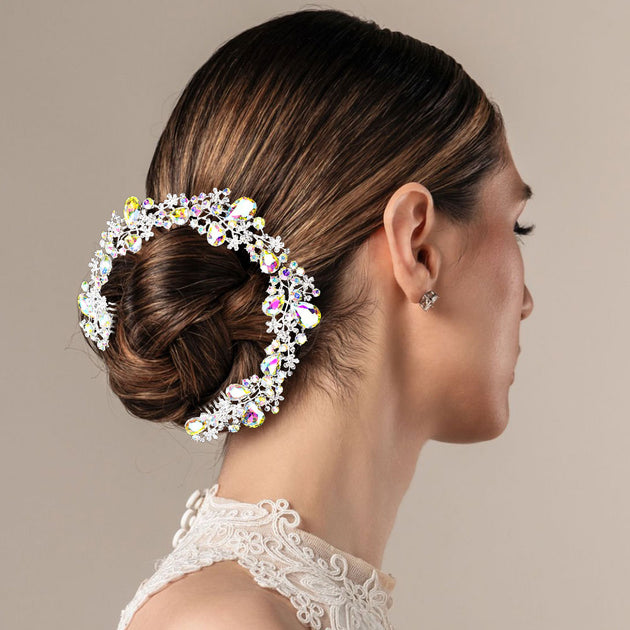 FASHNZFAB Floral Pave Glass Crystal Bun Wrap Headpiece Gold 3