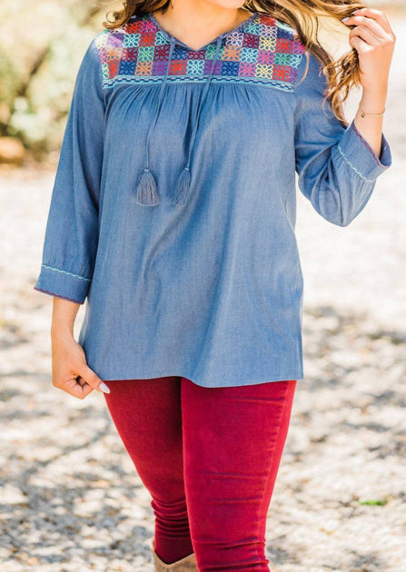 Layerz Clothing Denim Embroidered Top Blue XL 2