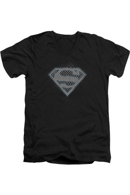 Gildan Superman Checkerboard V-Neck T-Shirt Black Medium 2