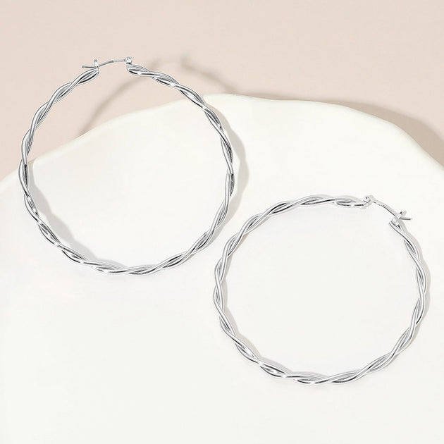FASHNZFAB Twisted Pin Catch Hoop Earrings Silver 5