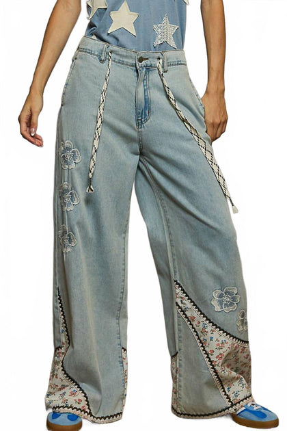 POL Floral Patches Embroidery Elastic Band Casual Pants Blue Large 2