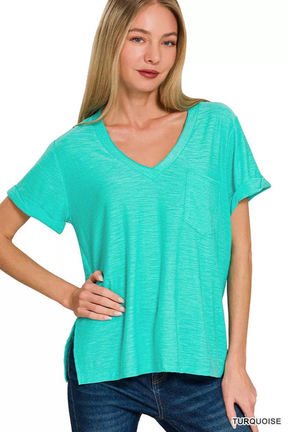 TRUEDAMES Slub Rolled Short Sleeve V-Neck Tee Blue Small 2