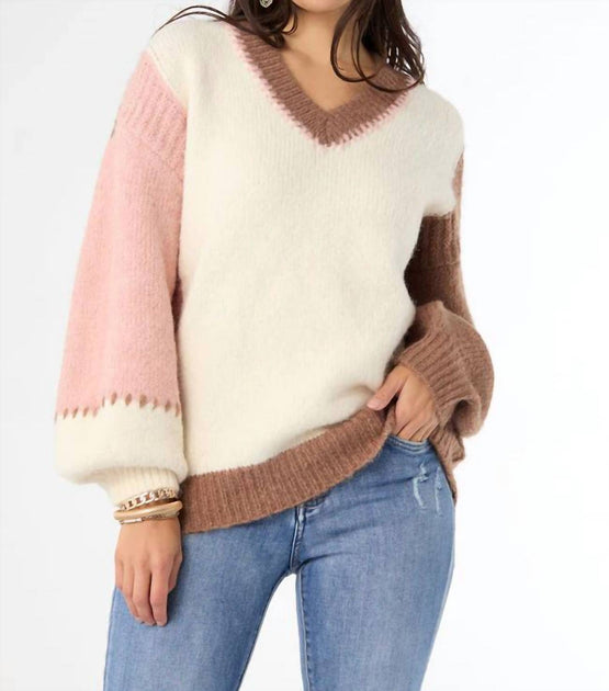 COCO + CARMEN Dolores Pullover mit Kontrastärmeln V-Ausschnitt beige Large/XLarge Damen 2