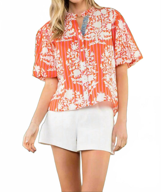 THML Botanical Stripe Puff Sleeve Blouse Orange Medium 2