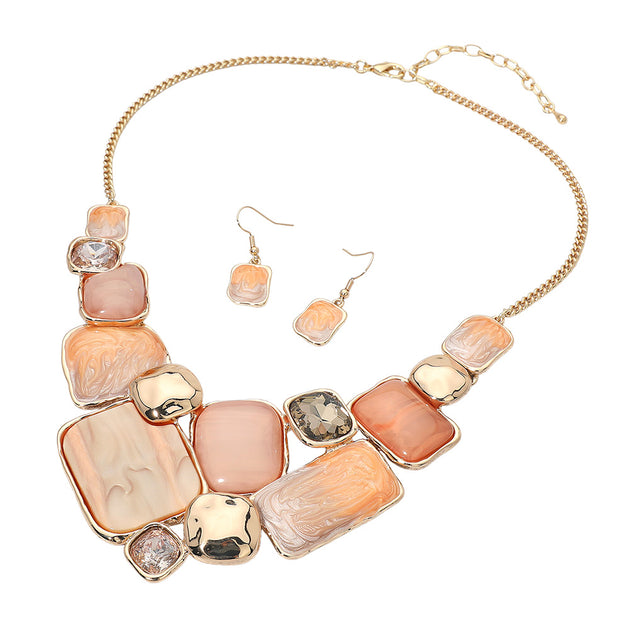 FASHNZFAB Geometric Plate Mosaic Link Statement Necklace Brown Gold Silver One Size 3