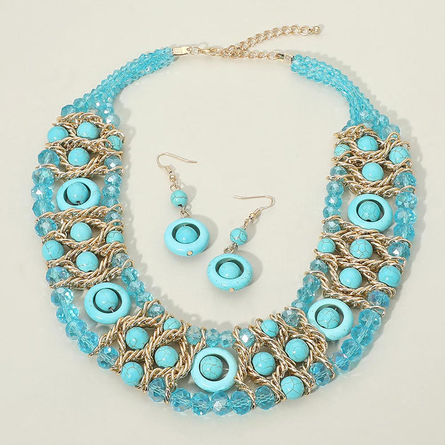 FASHNZFAB Multi Strand Beaded Statement Necklace Blue 2