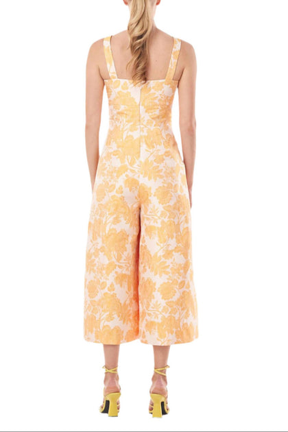 Kay Unger Sleeveless Square Neck Floral Jacquard Jumpsuit Beige US 2 4