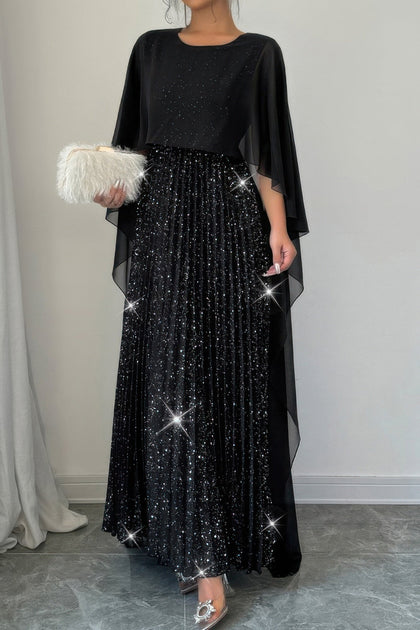 TRUEDAMES Sequin Satin Knit Pleated Long Dress Black Small 3