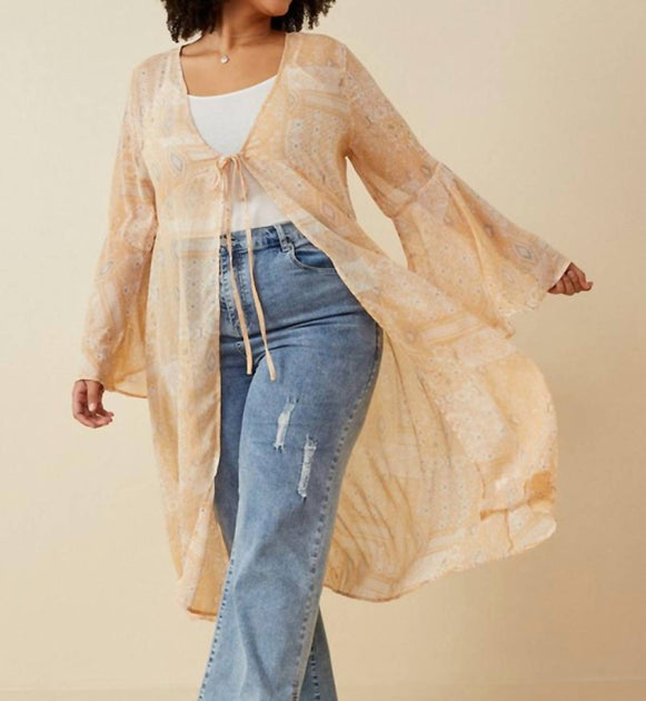 Hayden LA Sheer Patch Print Chiffon Tie Front Duster Beige 2X 2