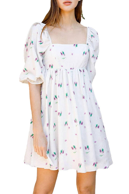 STORIA Grape-Print Baby Doll Mini Dress White Small 3