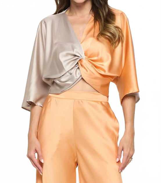 reneec. Satin Vibrant Short Sleeve Top Beige Small 3