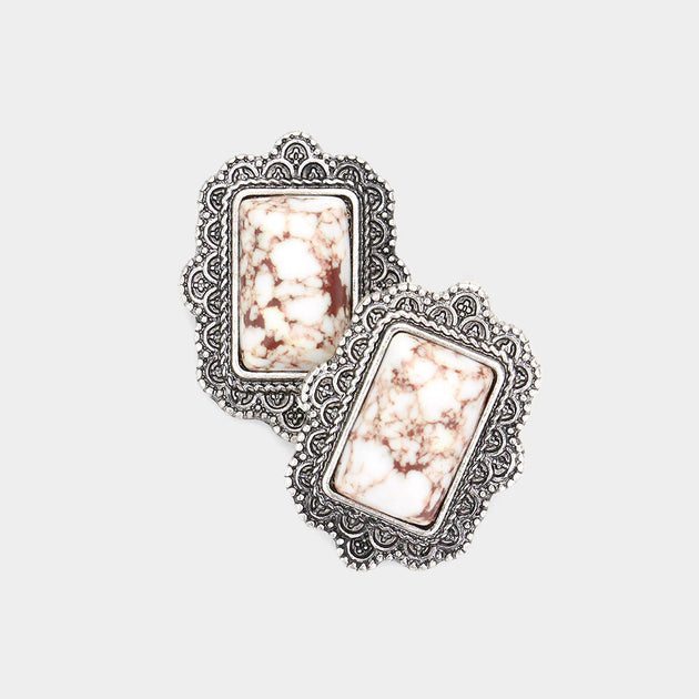 FASHNZFAB Rectangle Stone Stud Earrings Orange 3