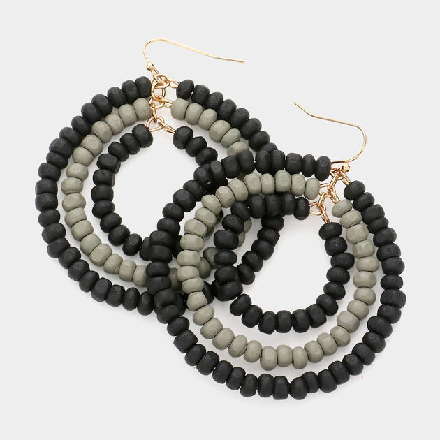Boucles d'oreilles pendantes FASHNZFAB Wood Ball Cluster Triple Open Circle Link - Noir 3