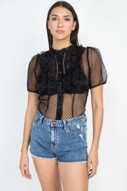 TRUEDAMES Sheer Ruffle-trim Dot Top Black Small 2