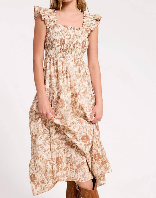 Ultramarine Rainey Smocked Toile Midi Dress Beige Large 4