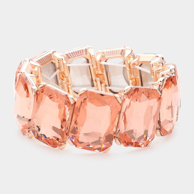 FASHNZFAB Rectangle Crystal Stone Cluster Stretch Bracelet Peach Rose Gold One Size 3