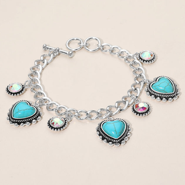 FASHNZFAB Heart Round Stone Charm Station Toggle Bracelet Antique Silver Turquoise One Size 2