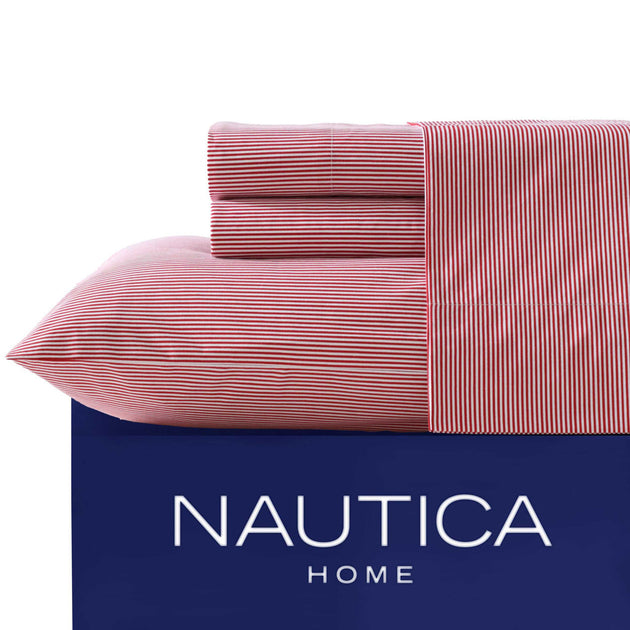 Nautica Penny Pinstripe Red Queen Sheet Set 2