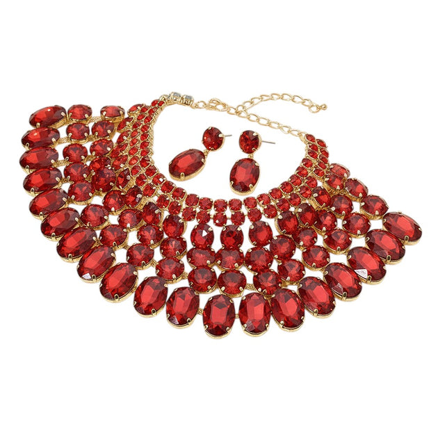 FASHNZFAB Crystal Glass Bib Necklace Red One Size 4