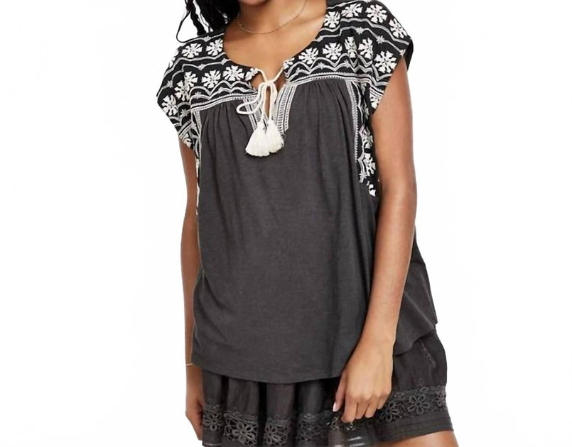 Lucky Brand Embroidery Peasant Blouse Black Small 2