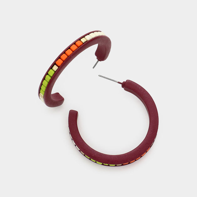 FASHNZFAB Square Bead Embellished Hoop Earrings Burgundy Worn Gold 2