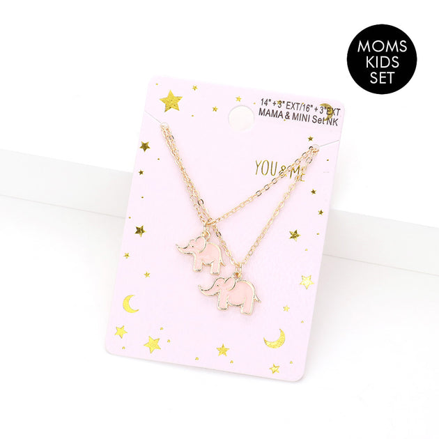 FASHNZFAB 2PCS Enamel Elephant Pendant Necklace Set White 2