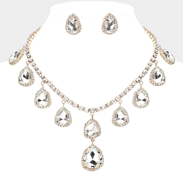 FASHNZFAB Teardrop Glass Stone Cluster Station Necklace Silver 3