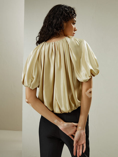 LILYSIL Puff Short Sleeve Silk Top Gold US 6 3