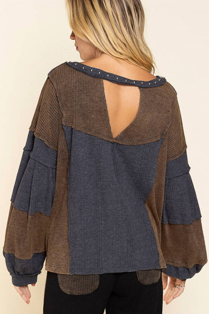 POL Stud Detail Balloon Sleeve Top Grey Large 4