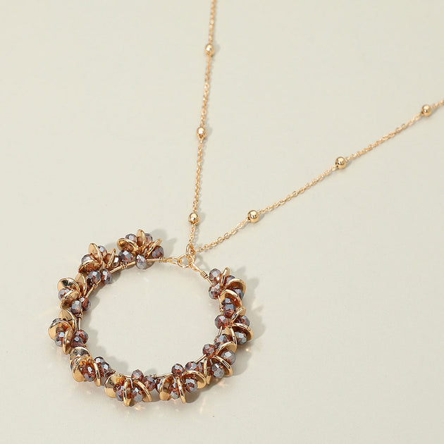 FASHNZFAB Metal Disc Faceted Beaded Open Ring Pendant Long Necklace Black One Size 2