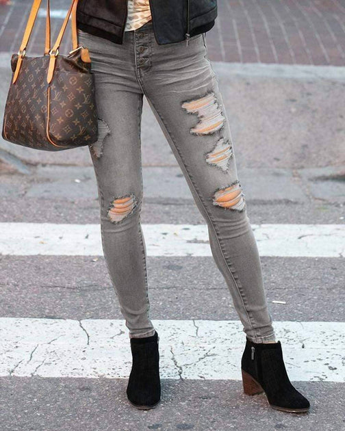 Grace and Lace Button Fly Distressed Jeggings Grey US 10 4