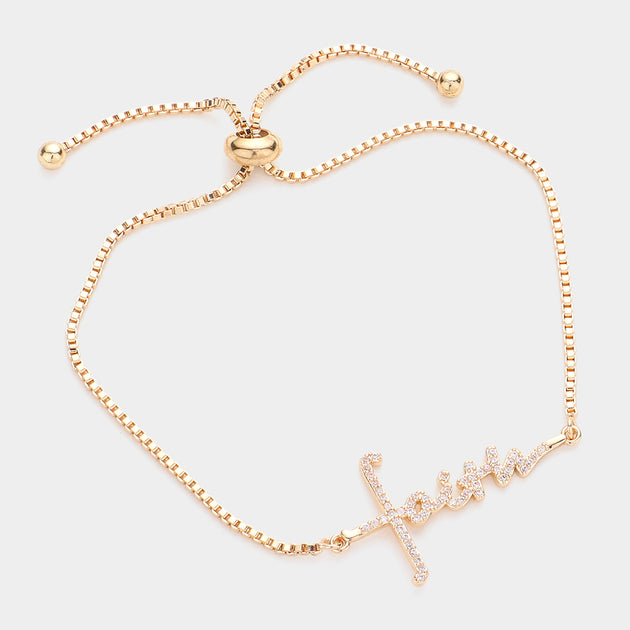 FASHNZFAB Faith CZ Message Charm Pull Tie Bracelet Gold One Size 2