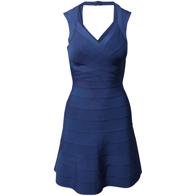 Herve Leger Flared Hem Bandage Dress In Blue Rayon