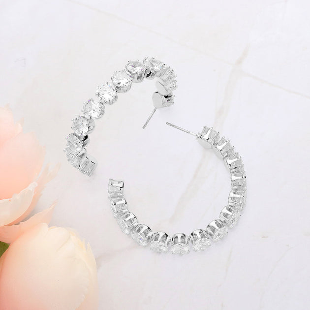 FASHNZFAB Round CZ Stone Cluster Hoop Earrings Silver 3