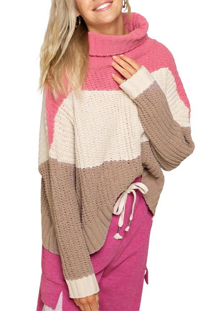 POL Textured Colorblock Turtleneck Sweater Beige Large 2