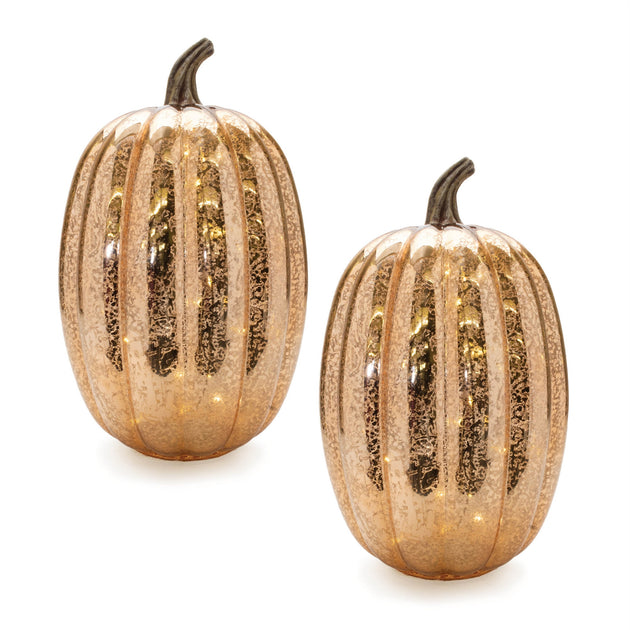 Hivvago Set of Two Orange Glass Pumpkin Tabletop Sculpture with LED 3