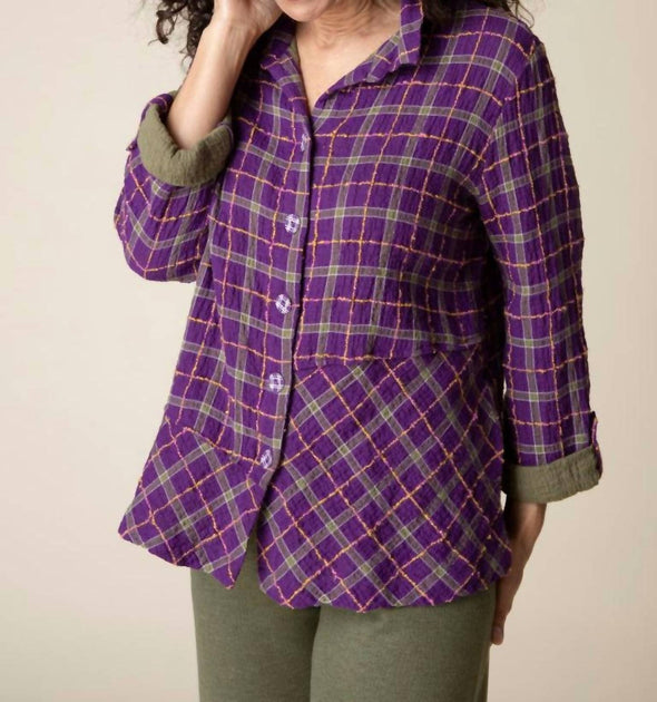 Habitat Double Faced Windowpane Pieced Button Front Shirt Violet Medium 2