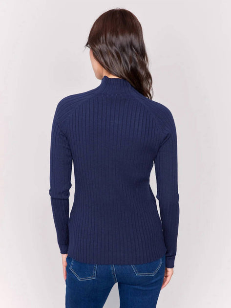 Charlie B Ribbed Knit Mock Neck Sweater Blue Small 3