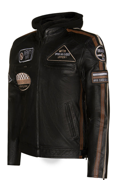Infinity Mens Racing Hooded Leather Biker Jacket Detroit blue Large 3