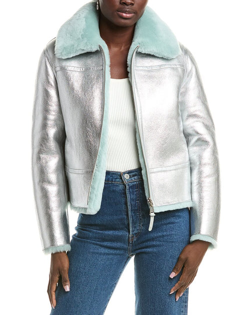 Mackage Betty Reversible Leather Jacket Silver Mint Medium 2