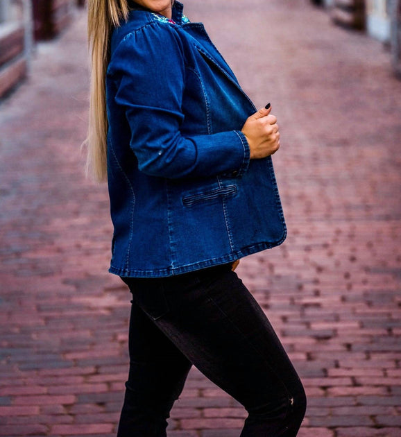 Layerz Clothing Denim Embroidered Blazer Blue Small 3