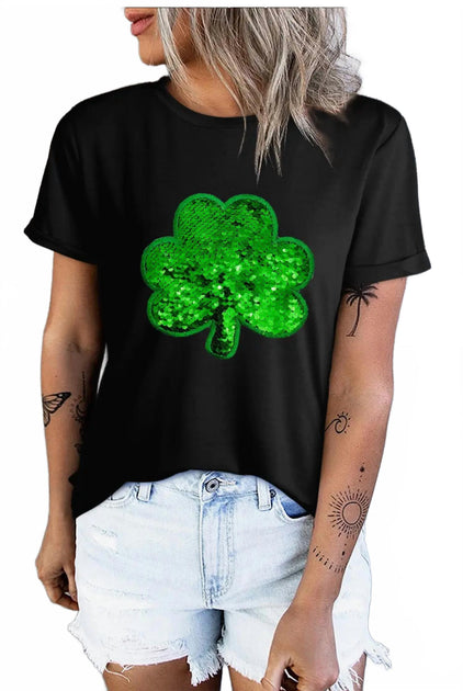 1 the Woman Three Leaf Sequined Clover T-Shirt Black Medium 3