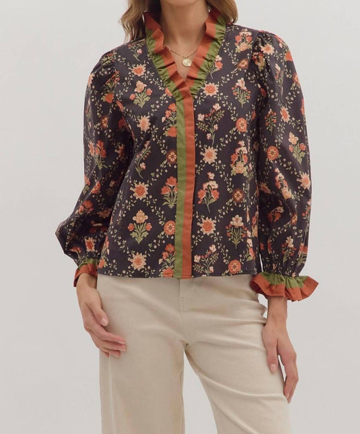 Entro Floral Print Long Sleeve Top Black Large 2